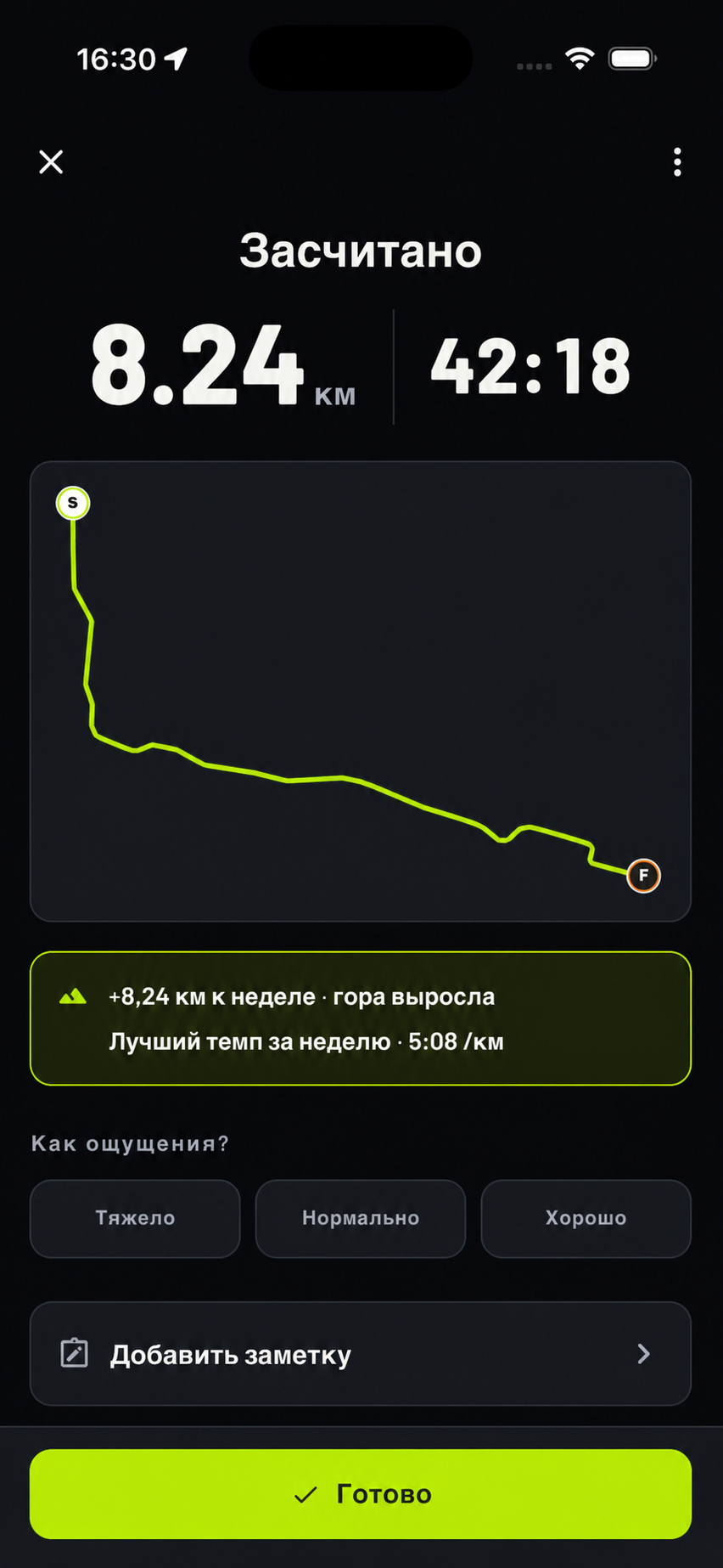 Реальный экран сохранённой тренировки Dopamine с маршрутом, дистанцией и длительностью
